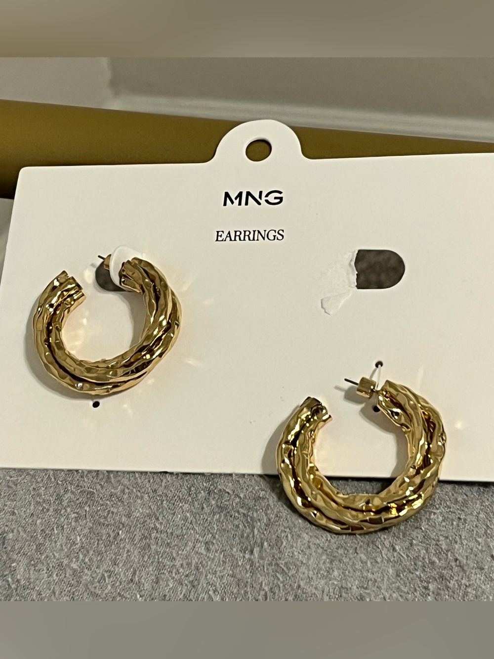 MNG Mango Gold Tone Hammered Chunky Hoop Earrings Statement Textured NEW